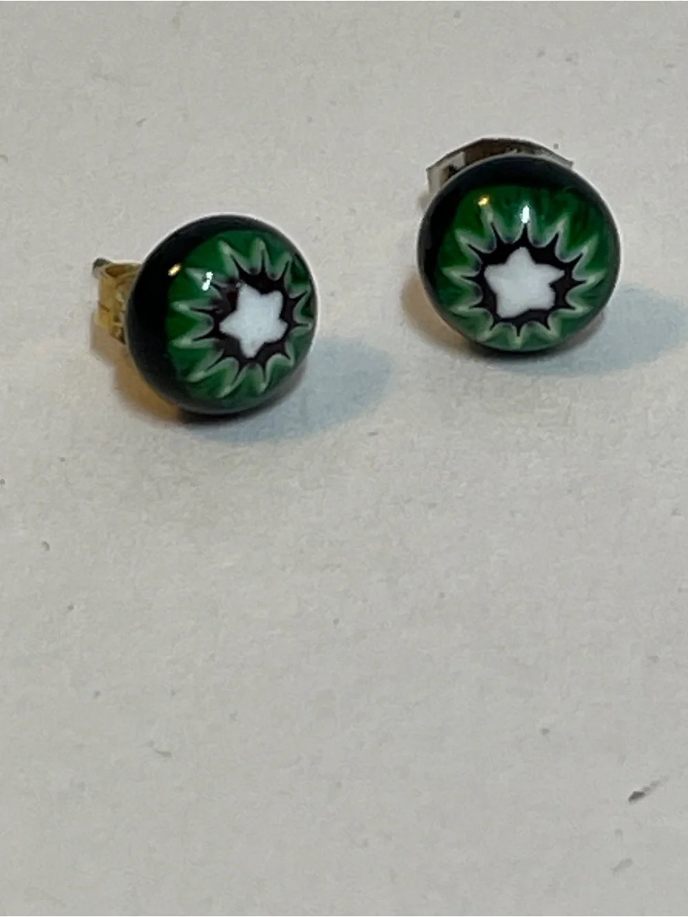 Handmade Glass Millefiori Post Earrings Multicolor Green Blue Round Star, Artsy